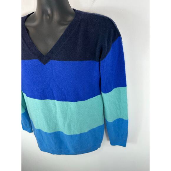 Talbots 100% Cashmere Sweater Size Large Striped Blue V Neck Office Casual - Picture 9 of 9